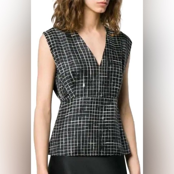 Theory Kimono Pleat Grid Print 100% Silk Twill Top Blouse Black White Sz Small - Picture 12 of 13